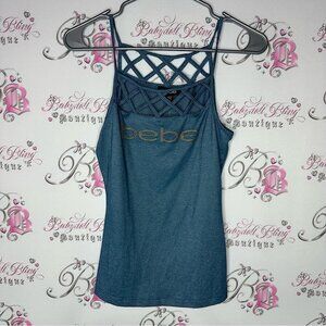 Bebe Blue Strappy Women's Top criss cross denim blue jean style gold bling